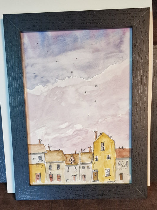 houses a5 watercolour framed